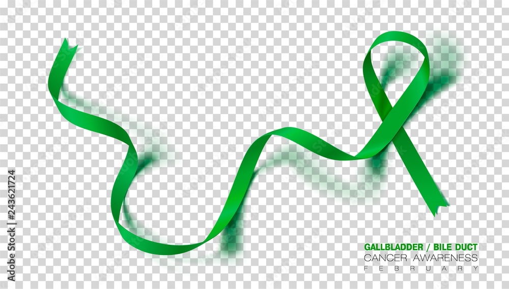 Gallbladder and Bile Duct Cancer Awareness Month. Realistic Kelly Green ribbon symbol. Medical Design. Vector Illustration. Gallbladder and Bile Duct Cancer Awareness Month. Realistic Kelly Green ribbon symbol. Medical Design. Vector Illustration.