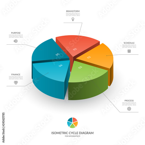 Isometric cycle diagram for infographics. Vector chart with 5 parts, options. Can be used for graph, report, presentation, brochure, web design.