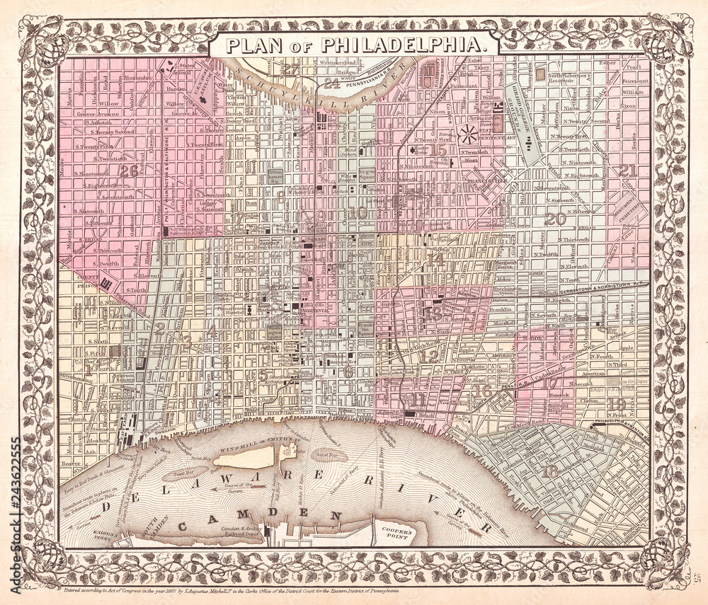 Obraz premium 1867, Mitchell Map of Philadelphia, Pennsylvania