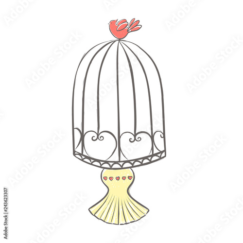 bird cage vector illustration. pink canary bird