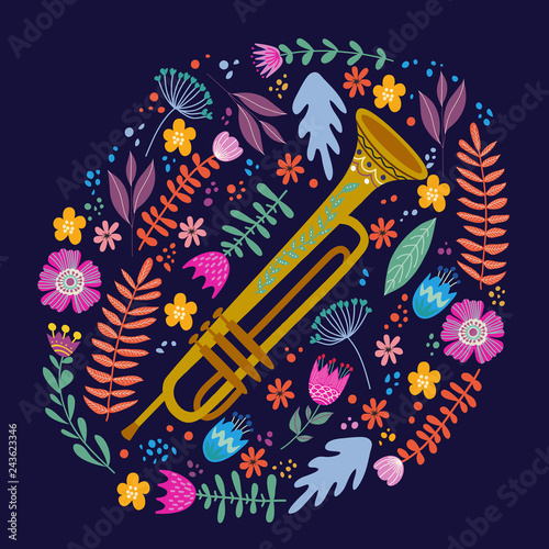 Isolated trombone and Bright leaves and flowers on blue background. Hand drawing folk flat doodles vector illustration