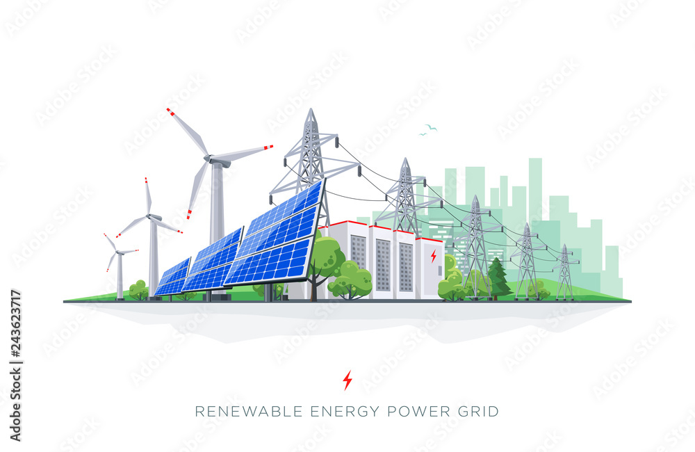Vektorová grafika „Renewable energy smart power grid system. Flat