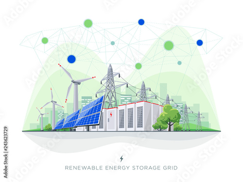 Renewable energy smart grid blockchain connected system. Flat vector illustration of solar panels, wind turbines, battery storage, high voltage electricity power transmission grid and city skyline. 