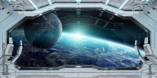 Fototapeta Naklejka Na Ścianę i Meble -  White clean spaceship interior with view on planet Earth 3D rendering