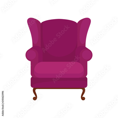 Classic purple armchair with wooden legs. Comfortable furniture for living room. Cozy wingback chair. Flat vector icon
