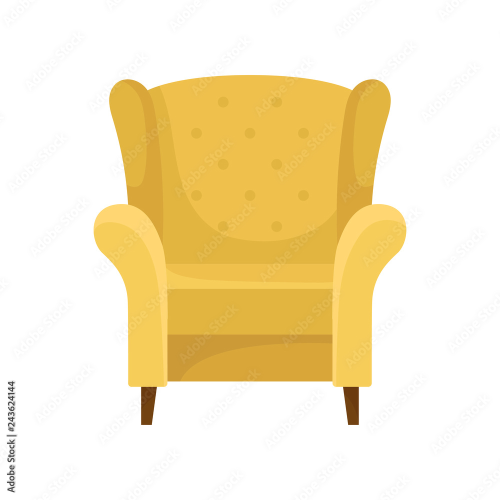 Comfortable yellow armchair with wooden legs. Cozy furniture. Soft chair for living room. Flat vector design Comfortable yellow armchair with wooden legs. Cozy furniture. Soft chair for living room. Flat vector design