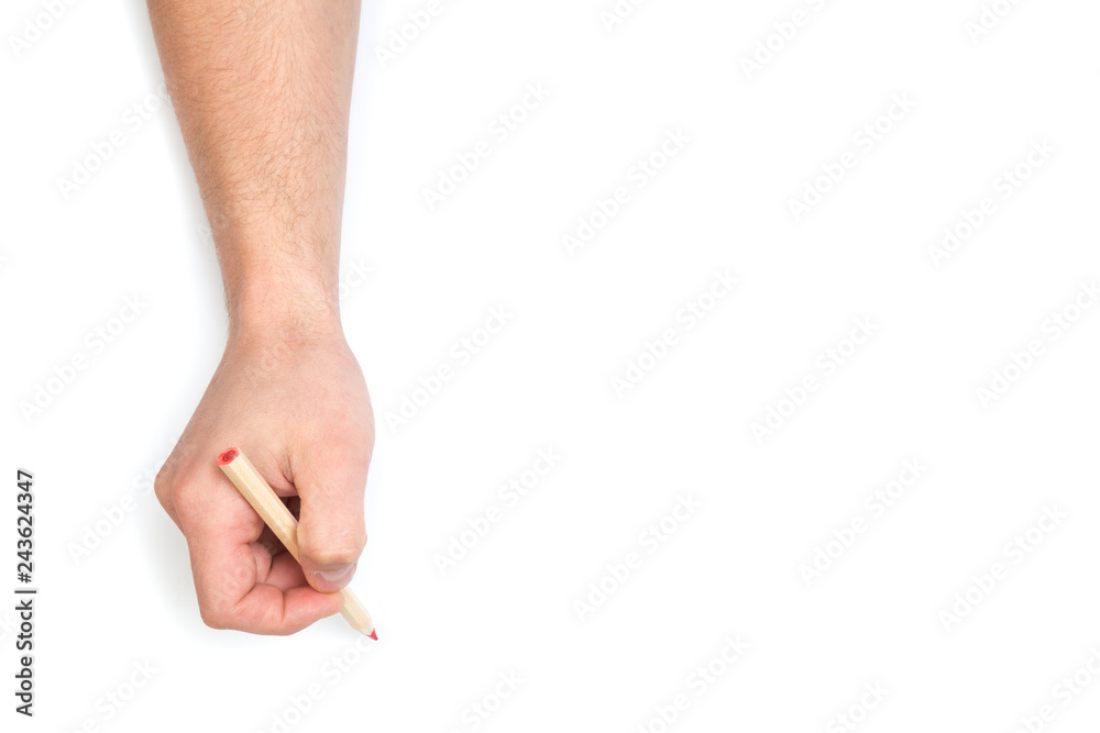 man's hands drawing with colour pencil on isolated white background with text place man's hands drawing with colour pencil on isolated white background with text place