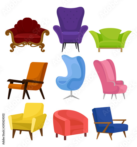 Flat vecrtor set of cozy armchairs. Retro and modern chairs with soft upholstery. Furniture for living room © Happypictures