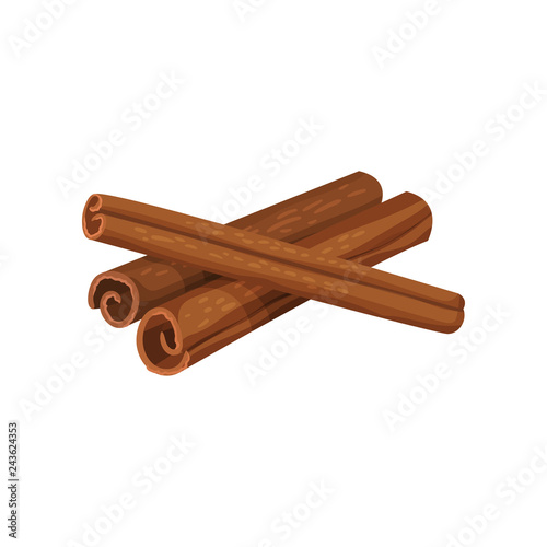 Three rolled sticks of cinnamon. Aromatic spice. Condiment for dishes. Cooking theme. Detailed flat vector design.