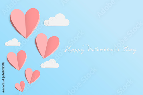 vector of love and Happy Valentine's day. origami design elements cut paper made pink heart float up on the blue sky with white cloud. paper art and digital craft style. Happy Valentines greeting card