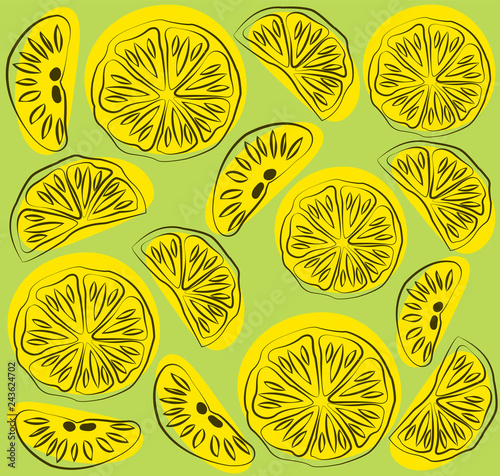 Yellow lemons on a green background. Vector pattern