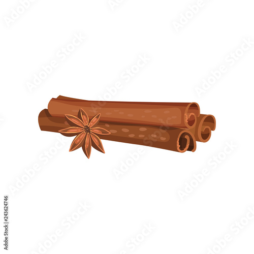 Detailed flat vector icon of three rolled cinnamon sticks and anise star. Aromatic spice. Fragrant condiment