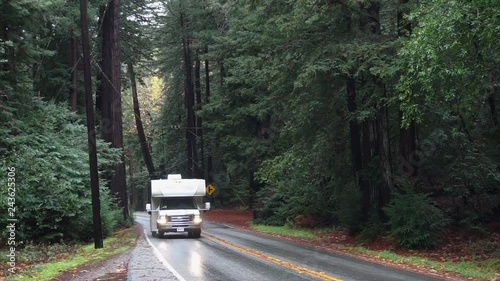 Rv motorhome driving through the Pacific Coast Highway 1 in California.