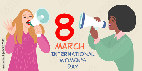 Vector illustration of girls talking by megaphone and congratulating on international women's day