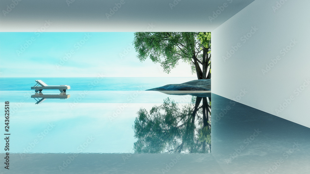 Fototapeta premium Beach living - ocean villa seaside & sea view for vacation and summer / 3d render interior