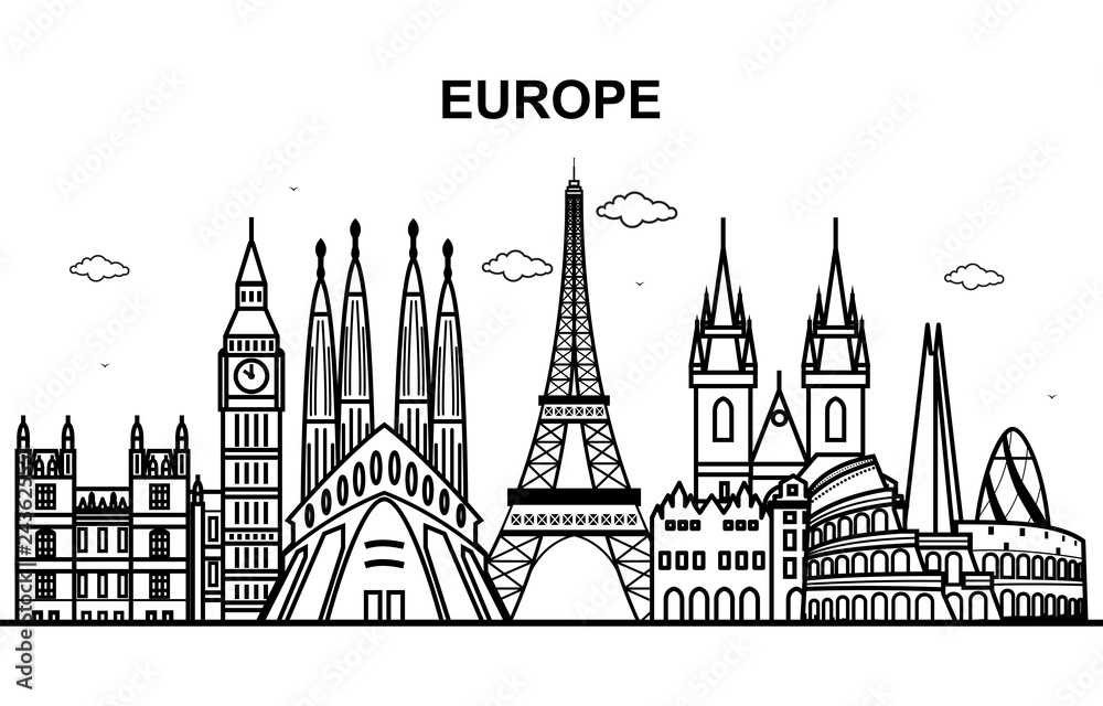 City in Europe Tour Cityscape Skyline Line Outline Illustration
