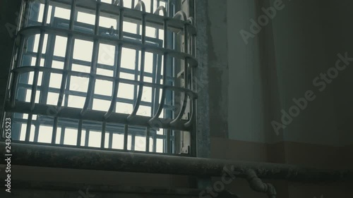 Close up Rotating around window with bars at Alcatraz Island Prison, USA