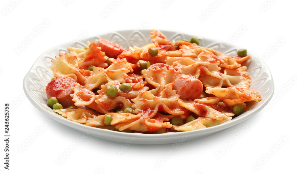 Plate with delicious pasta and sausage on white background Plate with delicious pasta and sausage on white background