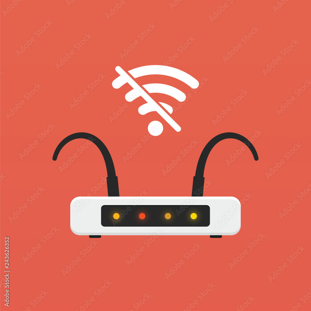 No signal Wifi router flat design vector illustration. Isolated broken or non-working wireless equipment on orange background. No signal Wifi router flat design vector illustration. Isolated broken or non-working wireless equipment on orange background.