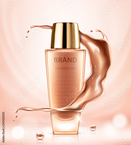 Realistic cosmetic ads template with liquid foundation tube and splashes of tonal fluid. Vector realistic illustration