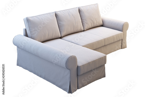 Modern beige fabric sofa with chaise lounge. 3d render