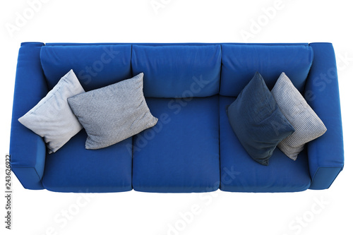 Fototapeta Naklejka Na Ścianę i Meble -  Modern dark blue fabric sofa with colored pillows. 3d render