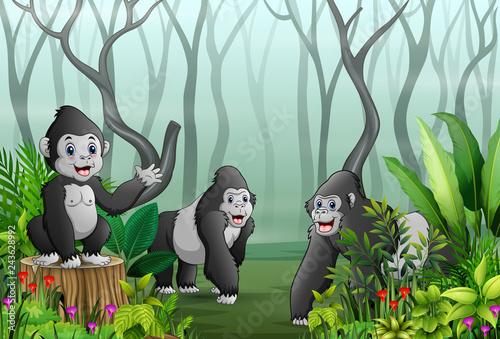 A group of gorillas in a forest with dry tree branches background