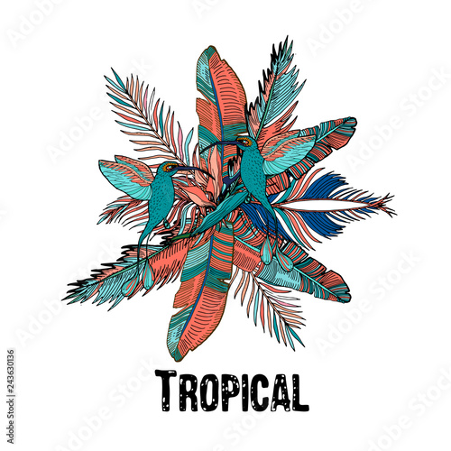 Tropical composition in coral palm leaves, exotic flowers, humming birds and monstera. Tropical background for textile, wallpaper, banners, covers, cards, print, wrap, scrapbooking.