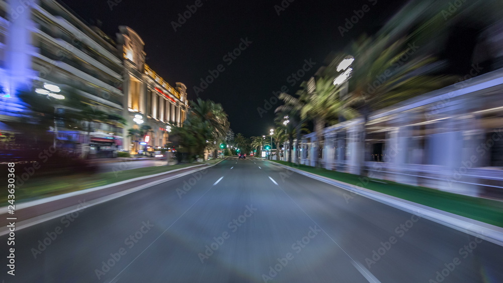 Driving on the night streets in Nice timelapse hyperlapse drivelapse, France.