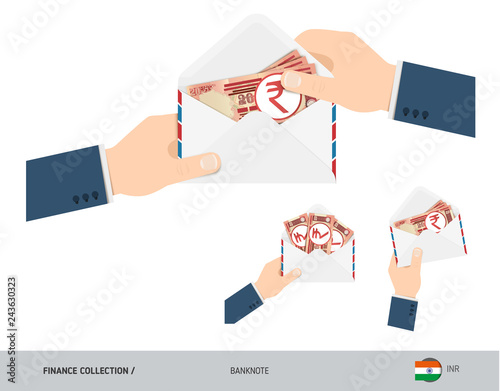 20 Indian Rupee Banknotes in envelope hold in hand. Set of flat style opened white envelopes with cash. Salary payout or corruption concept.