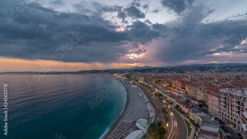 Panorama over Nice city and Mediterranean Sea aerial day to night timelapse