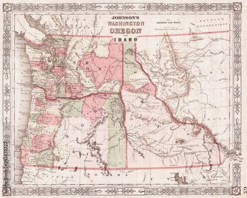 1864, Johnson Map of Washington, Oregon and Idaho