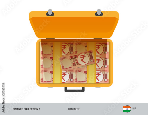 Yellow case with 20 Indian Rupee Banknotes. Flat style vector illustration. Salary payout or corruption concept.