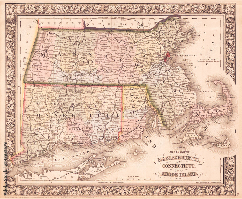 Fototapeta premium 1864, Mitchell Map of Massachusetts, Connecticut and Rhode Island