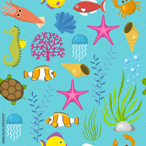 Seamless vector pattern with cute decorative fishes illustration. Funny multicolor background, marine texture underwater aquatic fishing animals.