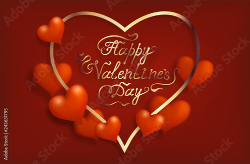 Valentine's Day greeting banner card with bulk 3d hearts on red background in golden frame and handwriting lettering photo