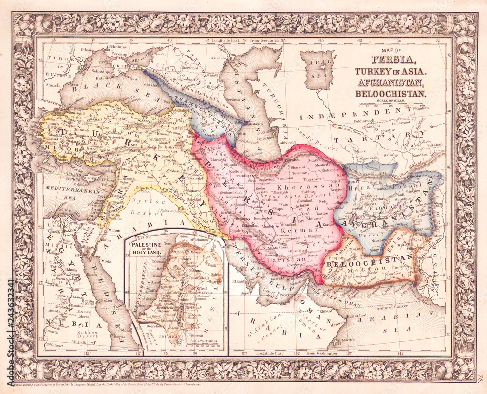 1864, Mitchell Map of Persia, Turkey and Afghanistan, Iran, Iraq