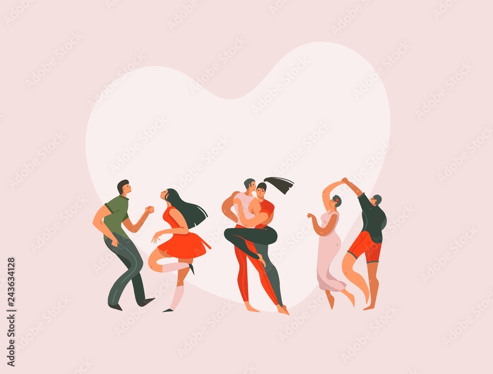 Hand drawn vector abstract cartoon modern graphic Happy Valentines day concept illustrations art card with dancing couples people together isolated on pink pastel colored background