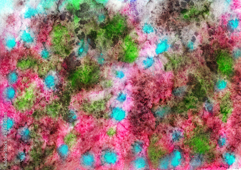 Abstract artistic hand painted watercolor, pink and green colors palette