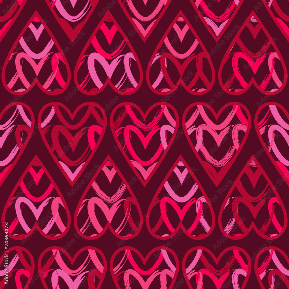 Seamless pattern with decorative red hearts drawn with a red outline. Valentine's day. Vector illustration. Can be used for wallpaper, textile, invitation card, web page background. Seamless pattern with decorative red hearts drawn with a red outline. Valentine's day. Vector illustration. Can be used for wallpaper, textile, invitation card, web page background.