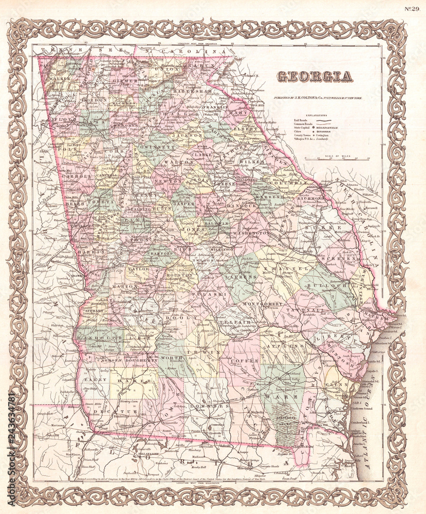 Naklejka premium 1855, Colton Map of Georgia