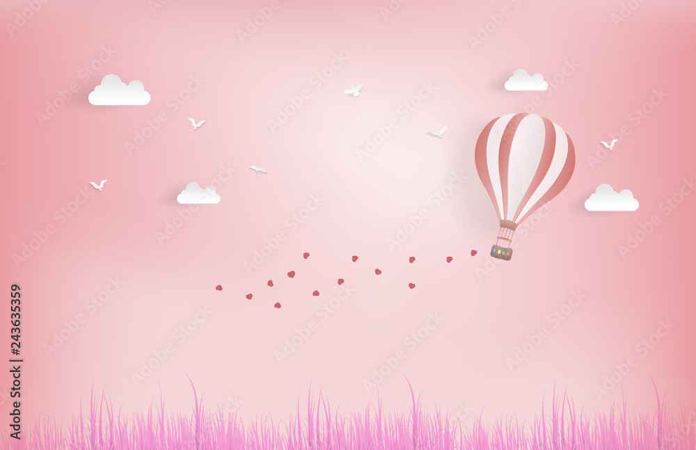 Balloon flying over grass with heart float on the sky. and scatter heart in the sky, vector art and illustration of love and valentine, Digital paper craft style.Paper art of pink background.