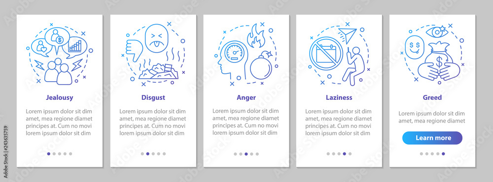 Human feelings onboarding mobile app page screen with linear con