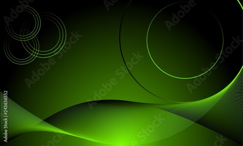 Abstract  dark futuristic background with glowing neon circles and waves.