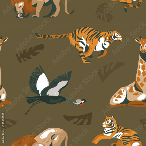 Hand drawn vector abstract modern graphic African Safari Nature ornamental tribal illustrations art collage seamless pattern with tigers,lion,crane bird and palm leaves isolated on green background