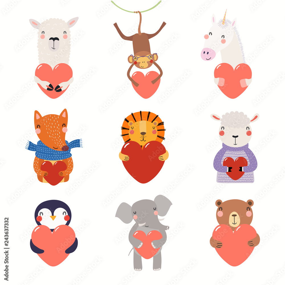 Fototapeten - Großer Valentinstag mit süßen lustigen Tieren, die Herzen halten. Isolierte Objekte auf weißem Hintergrund. Handgezeichnete Vektor-Illustration. Flaches Design im skandinavischen Stil. Konzept für Karte, Kinderdruck. #243637332