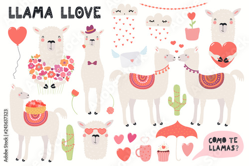 Big Valentines day set with cute funny llamas, hearts, text, Spanish Como te llamas, Whats you name. Isolated objects on white. Hand drawn vector illustration. Flat design. Concept for children print