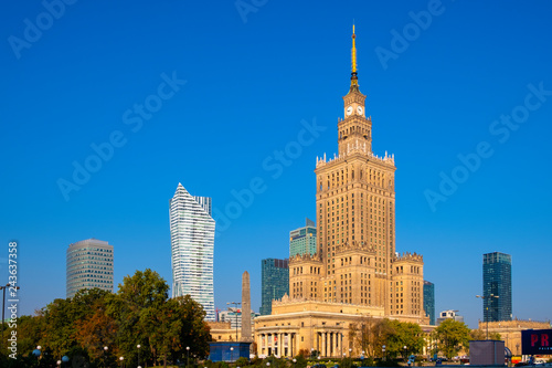Warsaw, Poland - Warsaw city center with Culture and Science Palace - PKiN - and skyscrapers of Srodmiescie downtown district