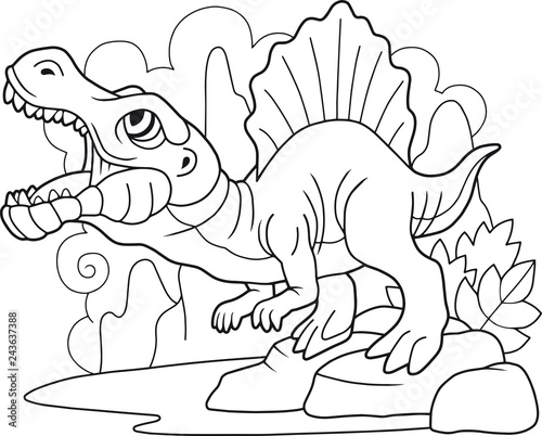 cartoon predatory dinosaur spinosaurus, coloring book, funny illustration