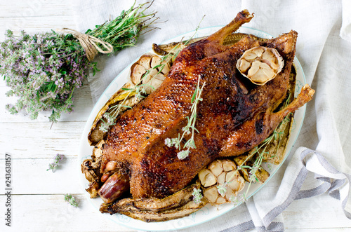 Baked duck with garlic and vegetables